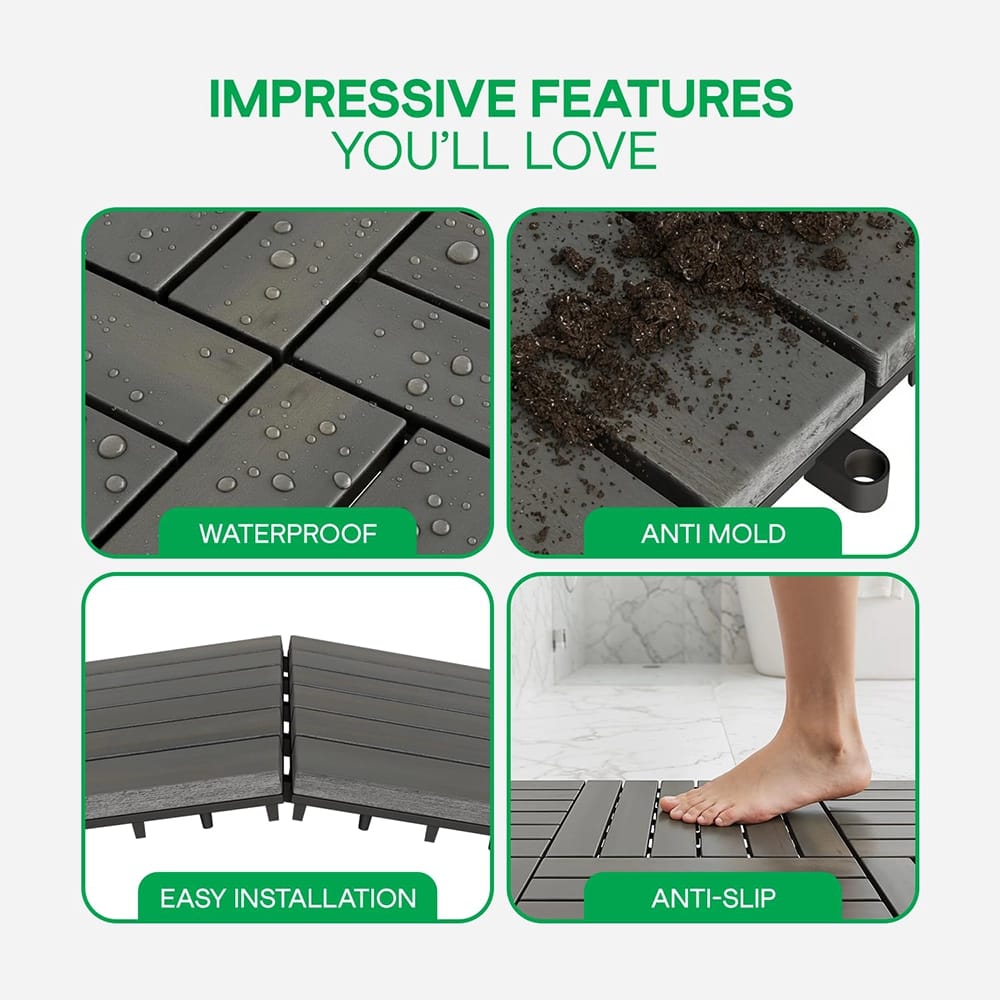Idzo Interlocking Waterproof Acacia Deck Tiles, Gray, 10 ct, 9.6 sq ft