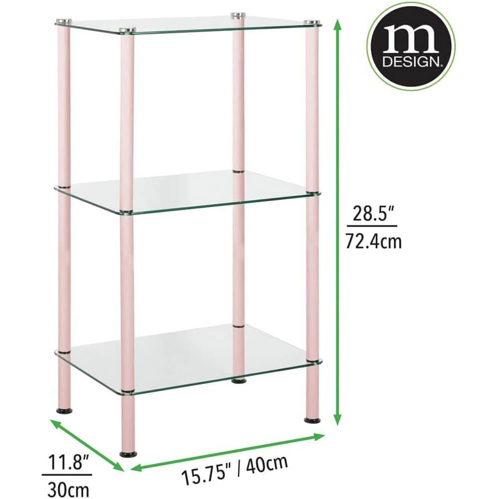 mDesign Metal/Glass 3-Tier Narrow Shelving Display Unit, Light Pink/Clear