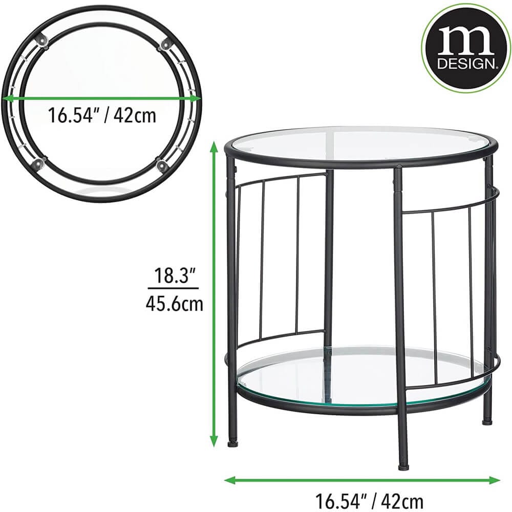 mDesign Glass Top Round Side Table with Shelf, Matte Black