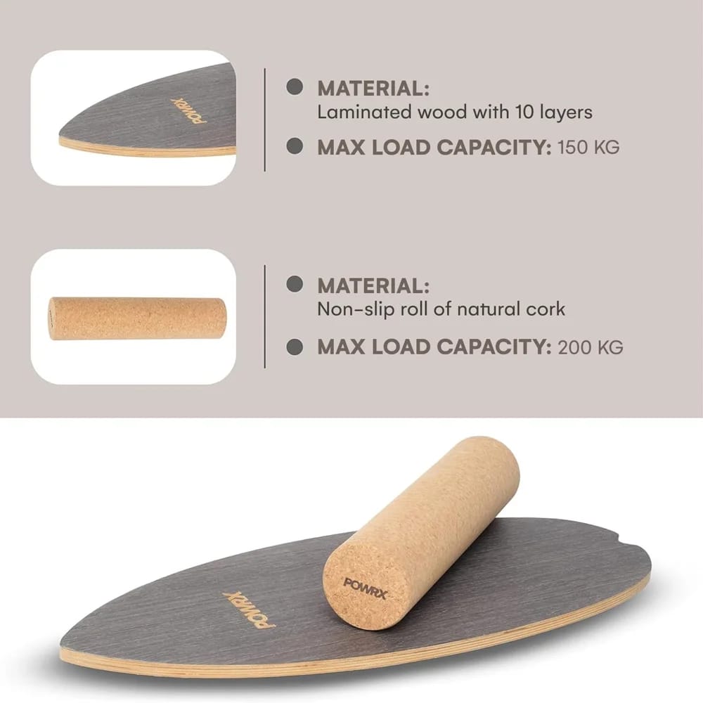 POWRX Surf Wood Balance Board with Roller