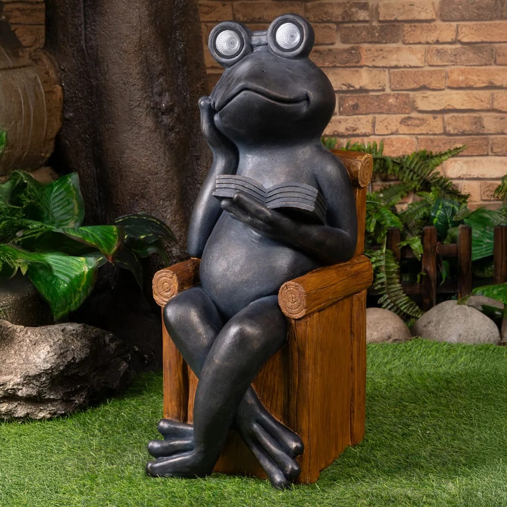 34" Reading Frog Solar Garden Statue