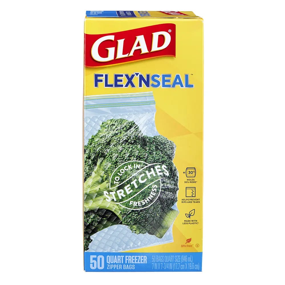 Glad Flex'N Seal Freezer Quart Zipper Bags, 50 Count