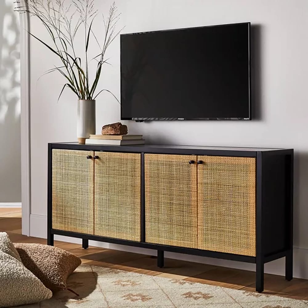 Threshold Springville Caned Door TV Stand, Black/Natural