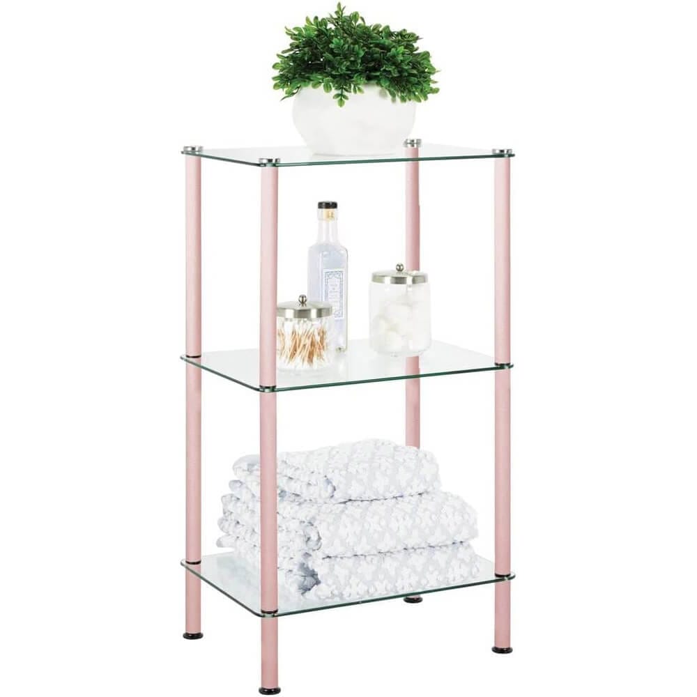 mDesign Metal/Glass 3-Tier Narrow Shelving Display Unit, Light Pink/Clear