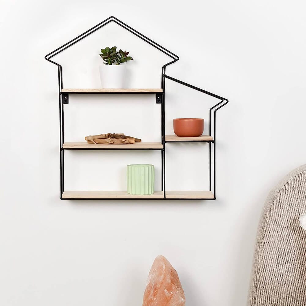 Greenco Natural Geometric House Shaped 3-Tier Floating Shelves, Natural/Black