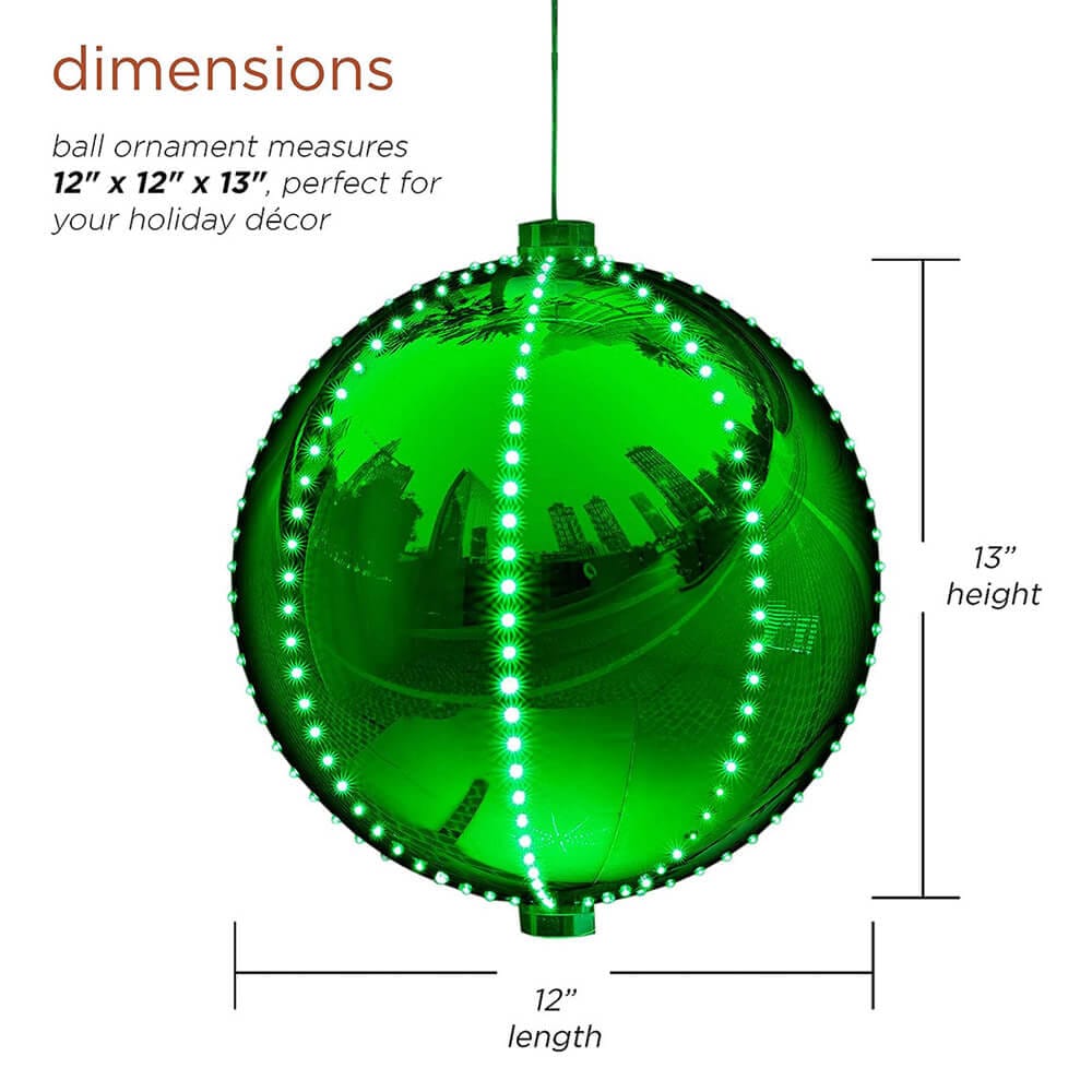 Alpine 13" Large Hanging Christmas Ball Ornament with 240 Warm White Chasing LED Lights & 6 Light Effects, Green