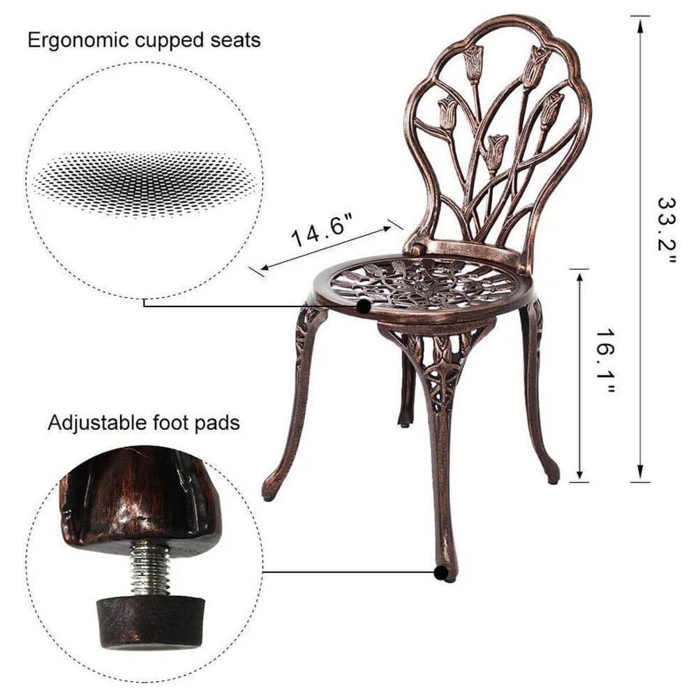 3-Piece Cast Aluminum Outdoor Bistro Set with Tulip Design, Bronze