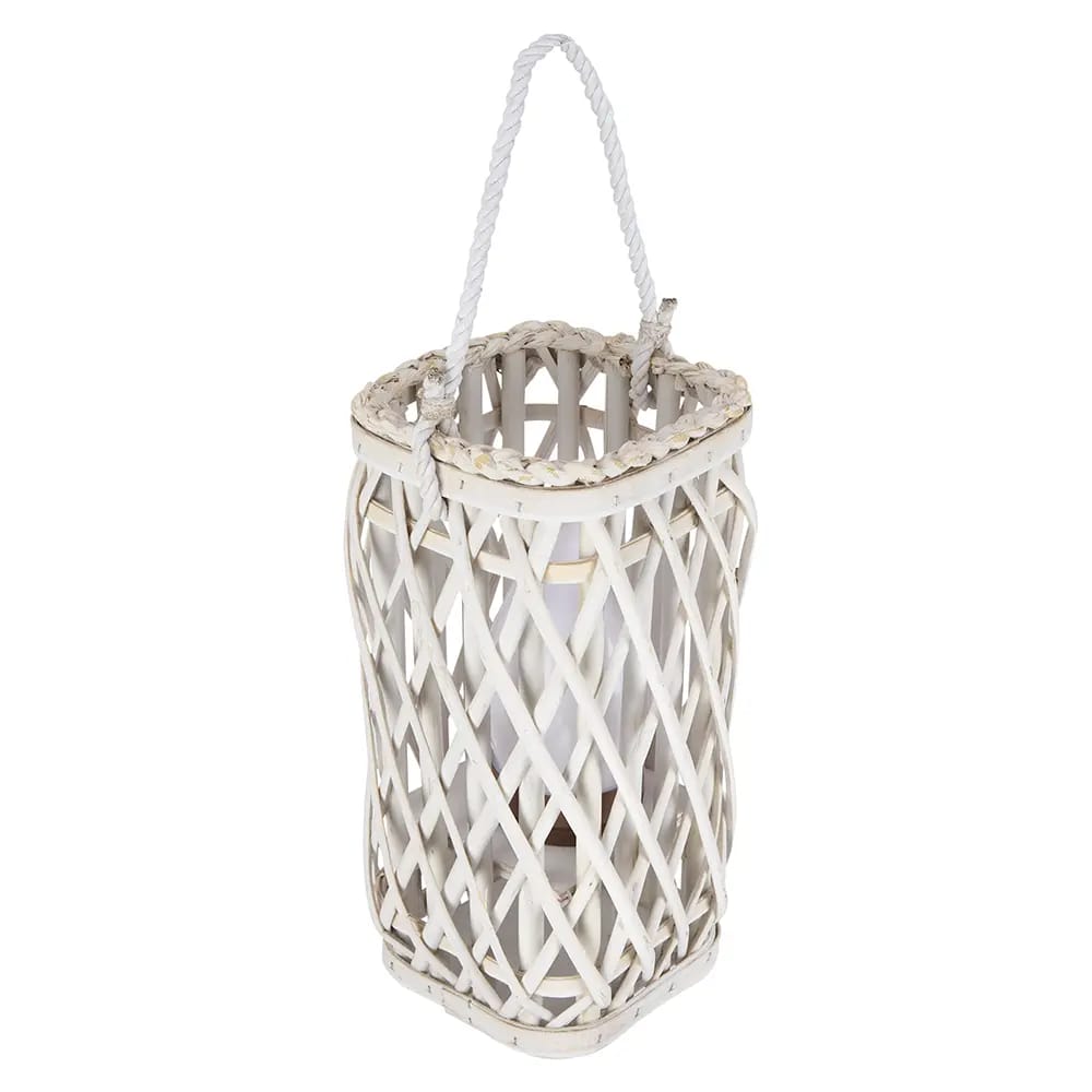 Barbara King Square Wicker Lantern With Remote, White, 12"