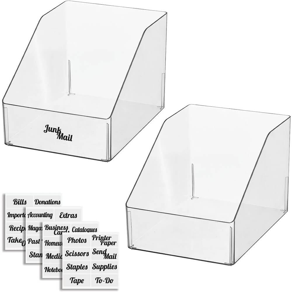 mDesign Plastic Slanted Open Front Home Office Storage Bin Containers with 32 Adhesive Labels, 9" x 12" x 8", Set of 2, Clear