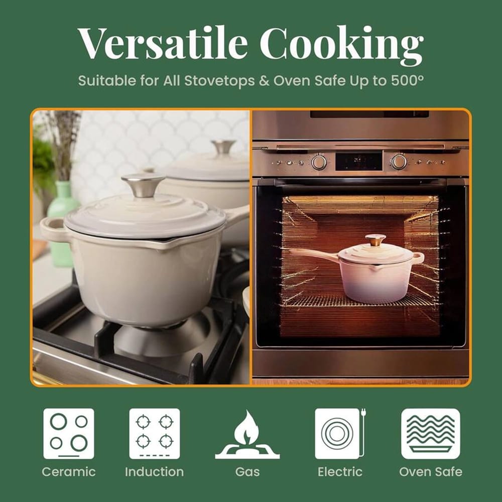 Larder & Vine 2.2 Qt Enameled Cast Iron Saucepan with Lid, Stone