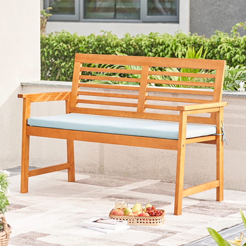 Waimea Slatted Teak Garden Bench with Cushion, Tan/Light Blue