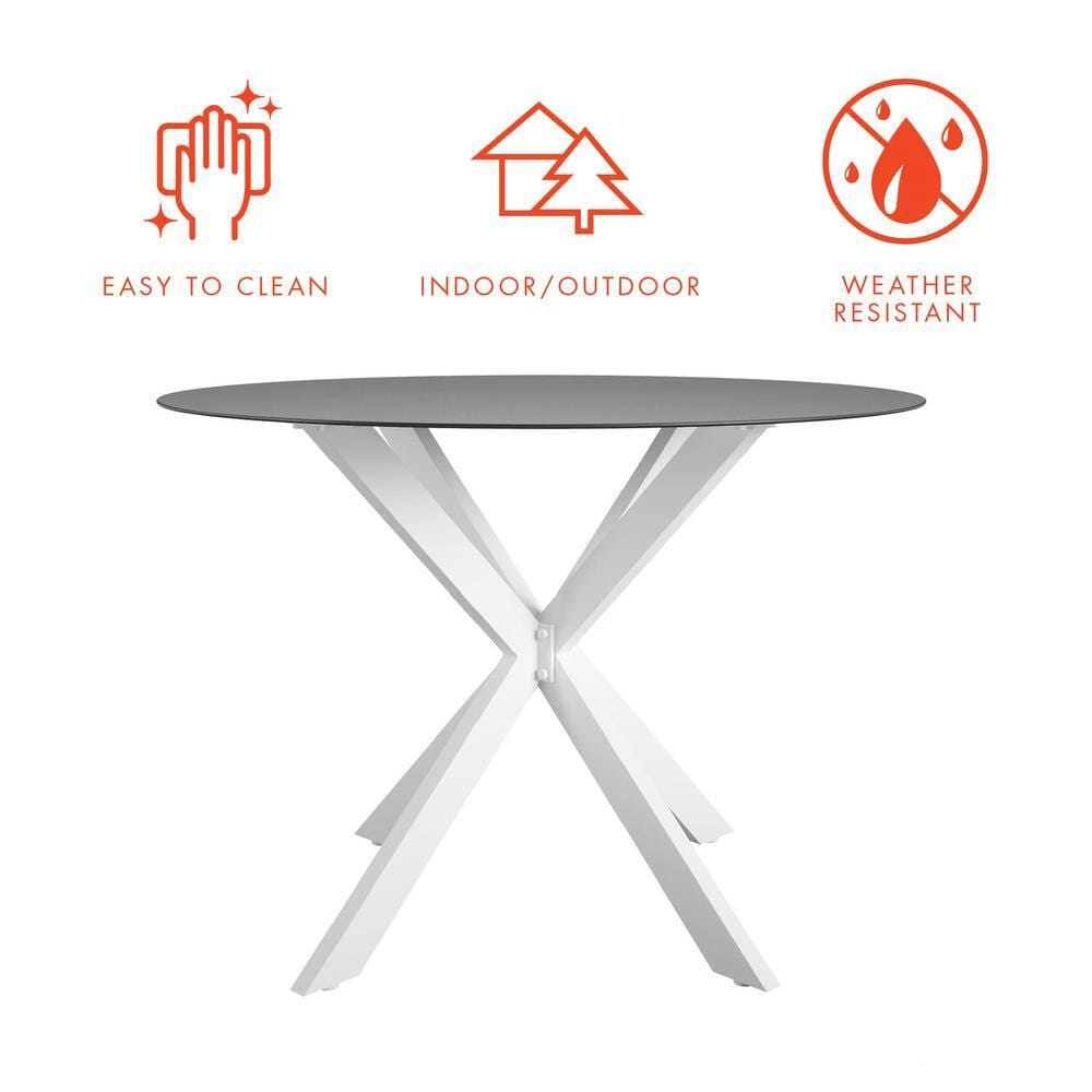 36" Round Metal Outdoor Dining Table with Glass Top, Black/White