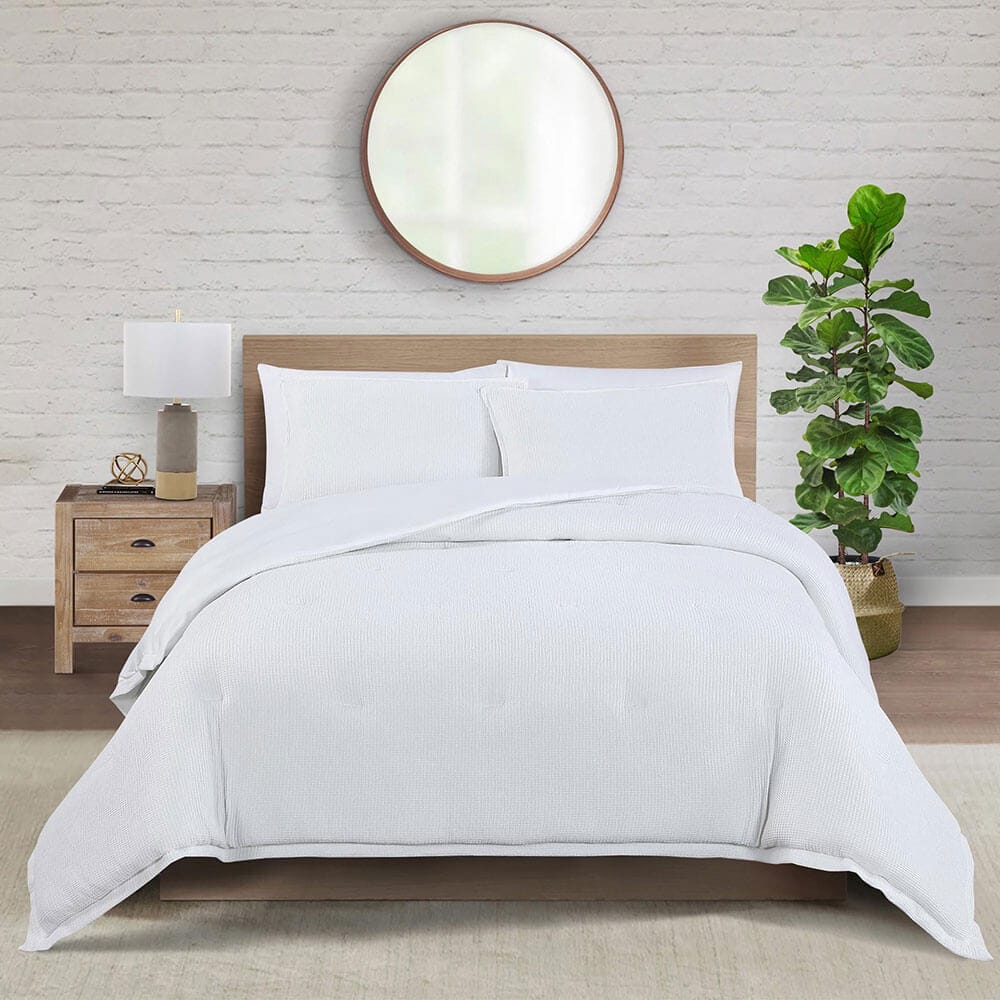 WellBeing by Sunham Waffle Weave 3-Piece Comforter Set, King, White