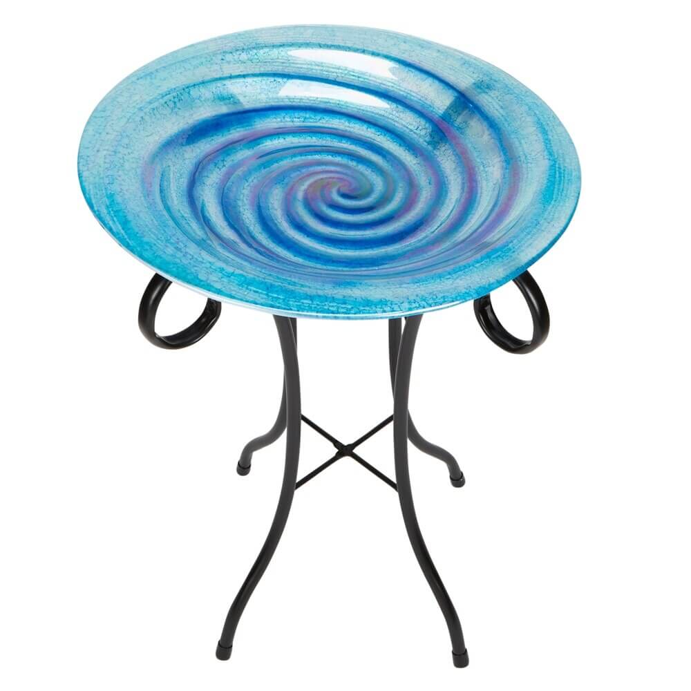 Glass Bird Bath with Metal Stand, 22"