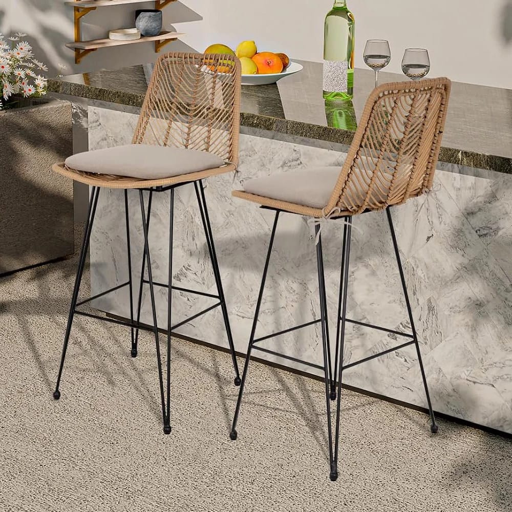Idzo Chateau Outdoor Rattan Bar Stools, 2-Piece, Tan, 42"
