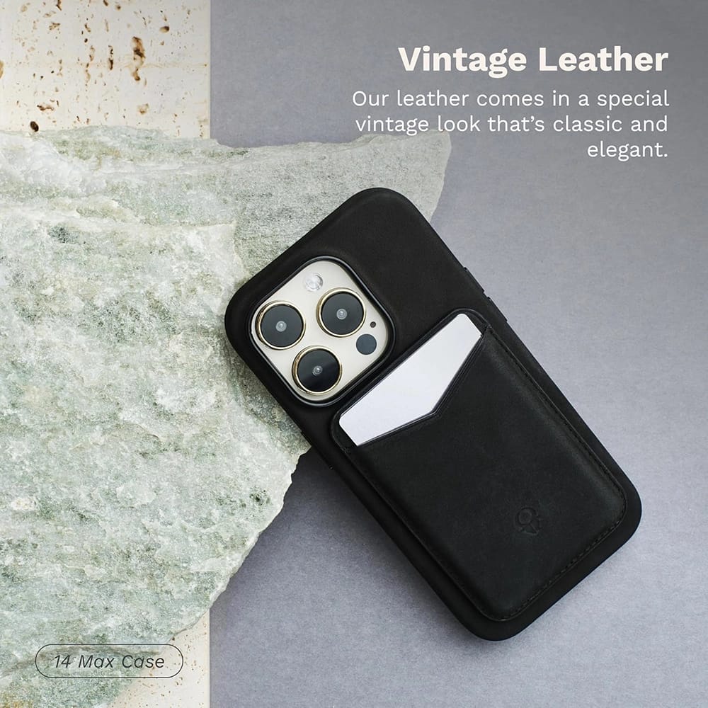 DONBOLSO Leather iPhone 14 Max Phone Case, Vintage Black