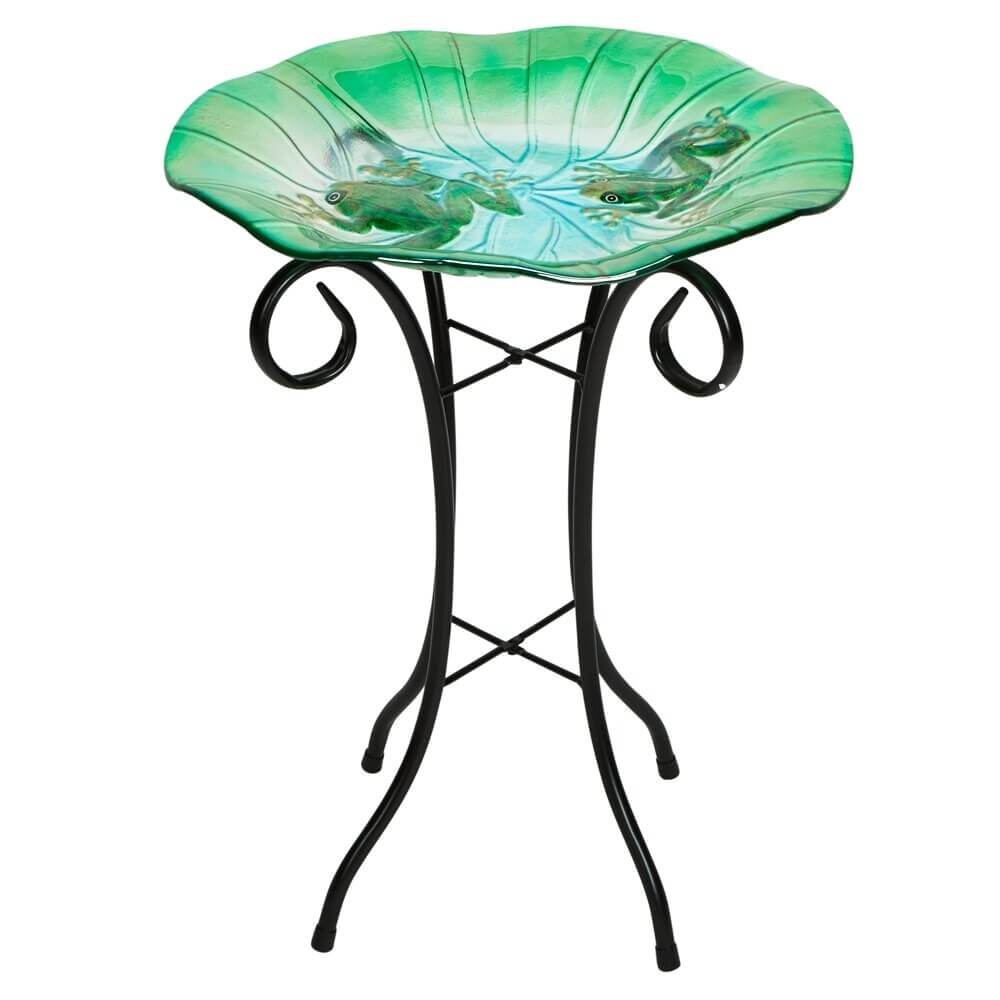 Glass Bird Bath with Metal Stand, 18"