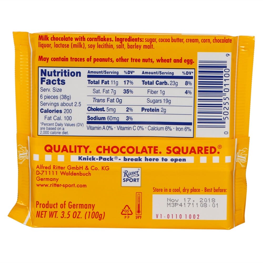 Ritter Sport Milk Chocolate with Cornflakes, 3.5 oz