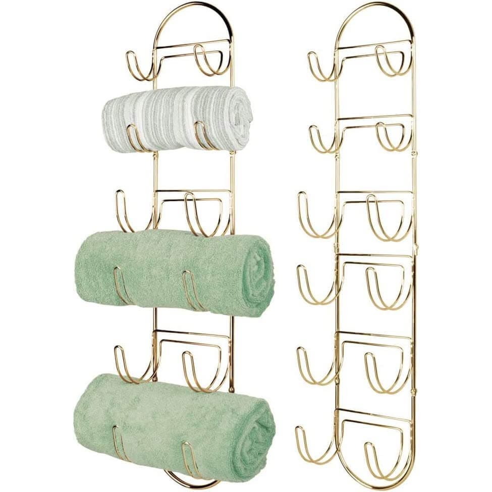 mDesign Wall-Mounted Towel Rack with 6 Compartments, Set of 2, Soft Brass