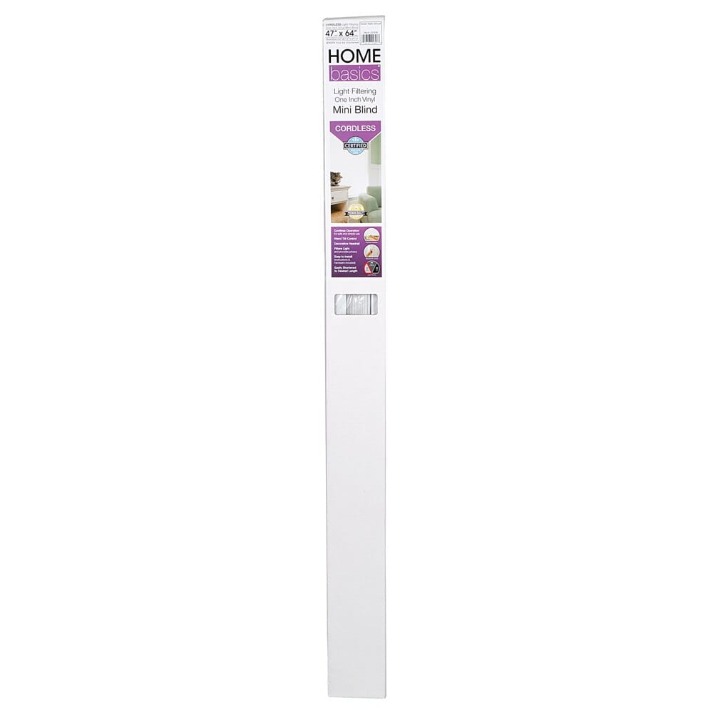 Home Basics Cordless Light Filtering Vinyl Mini Blinds, White, 47" x 64"