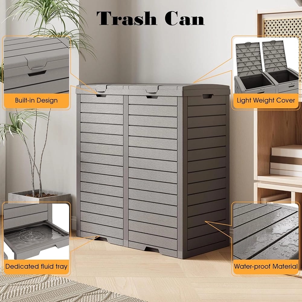 Waterproof Outdoor Trash Can with Lid, Gray, 62 Gallons