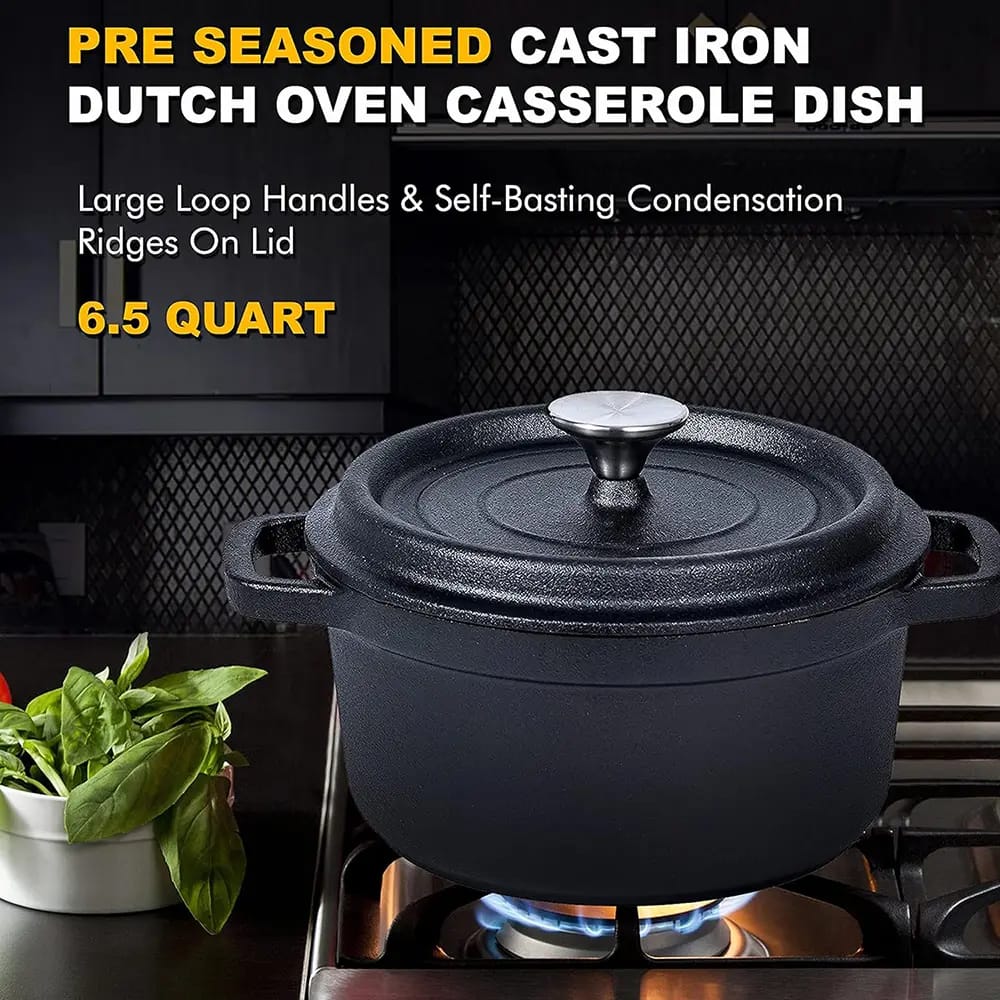 Bruntmor 6.5 Quart Pre-Seasoned Cast Iron Dutch Oven, Black