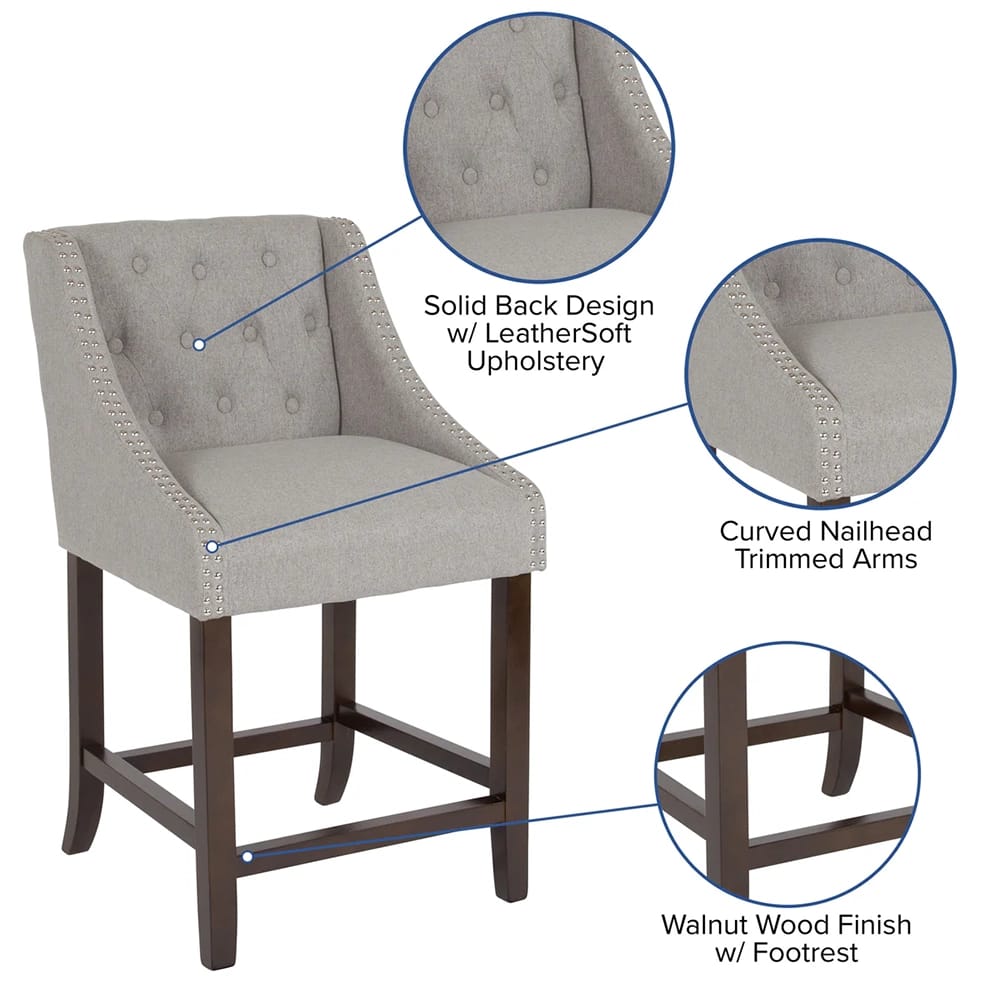 Carmel Series 24" High Tufted Walnut Counter Height Stool, Light Gray, 2 Count