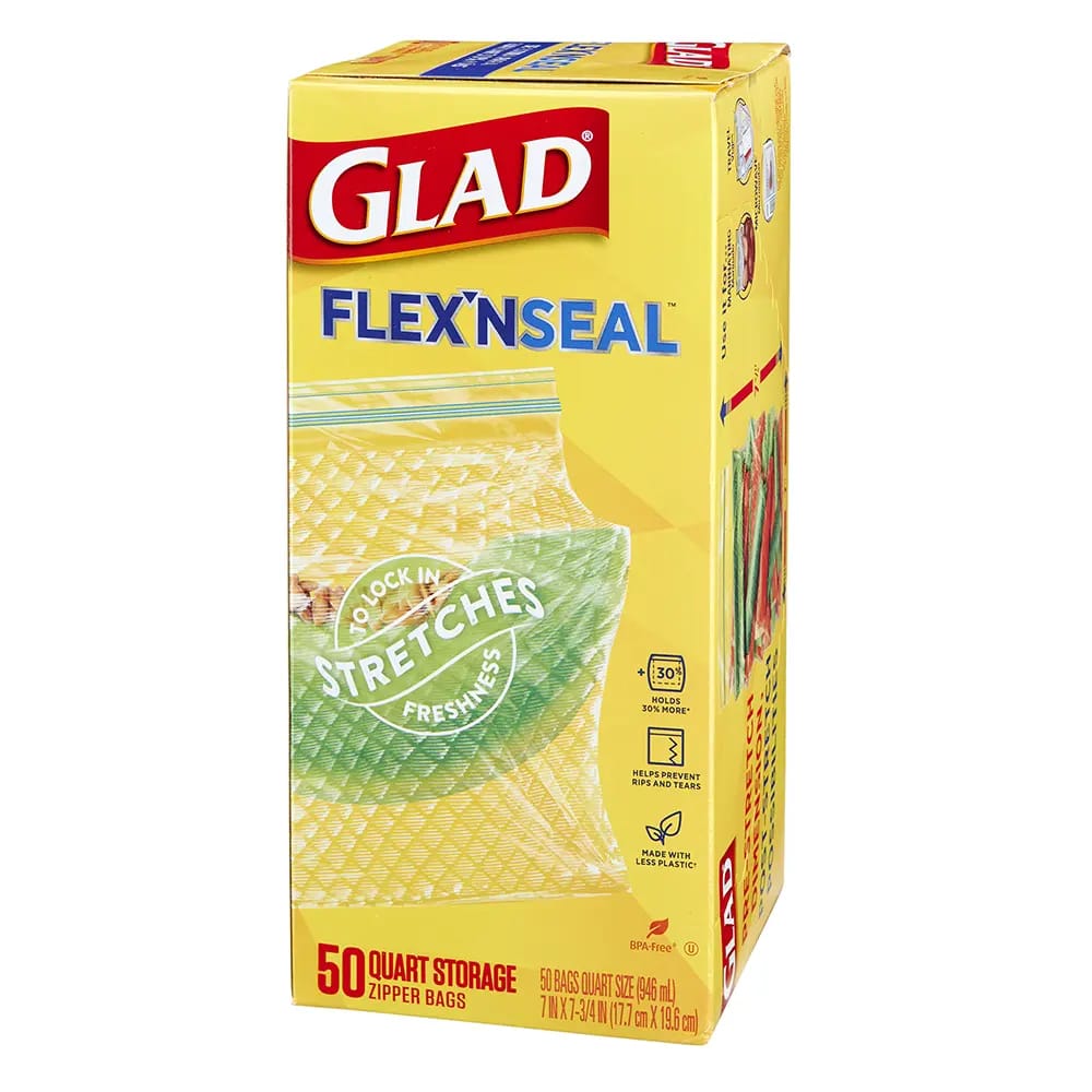 Glad Flex'N Seal Storage Quart Zipper Bags, 50 Count