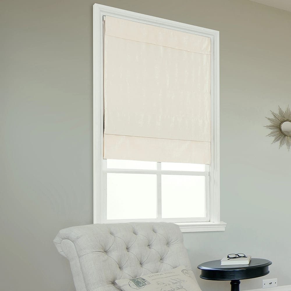 Cordless Velvet Fabric Flat Roman Shade, Ivory, 39" x 64"