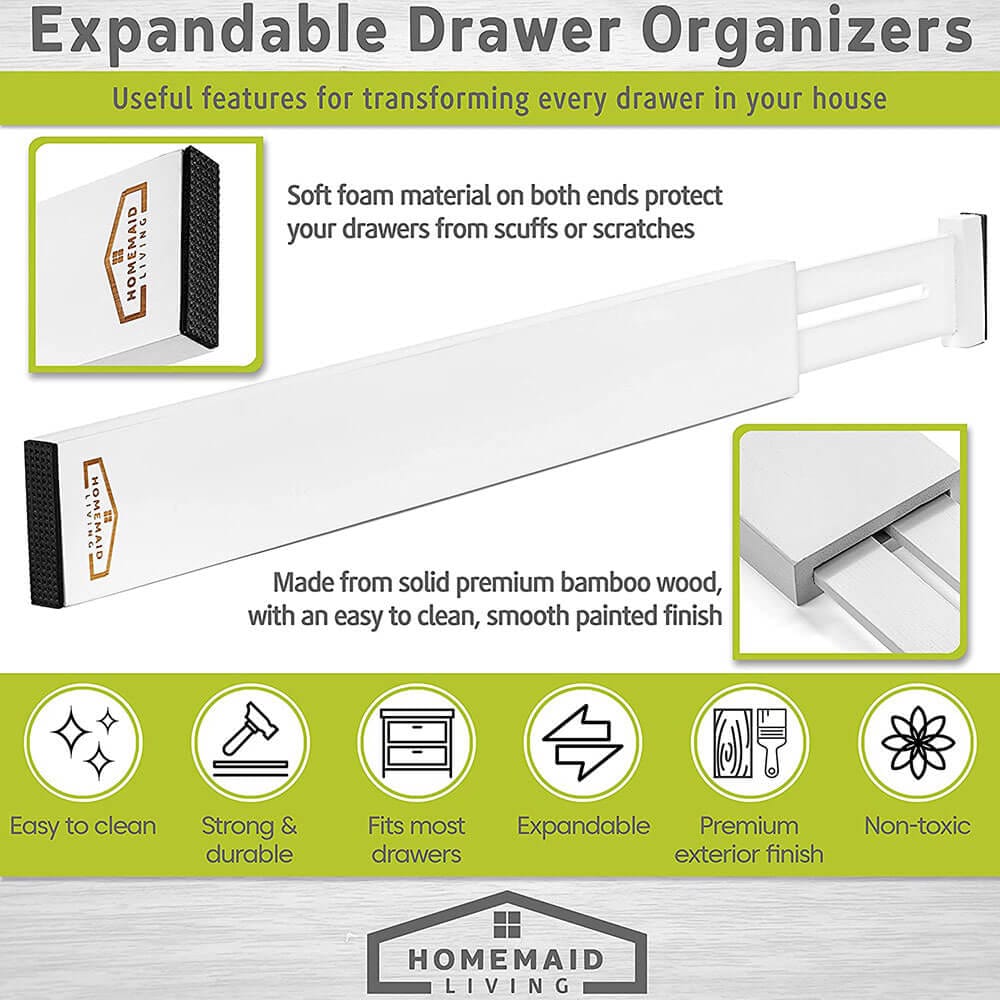 Homemaid Living 100% Bamboo Drawer Dividers, Set of 4, White