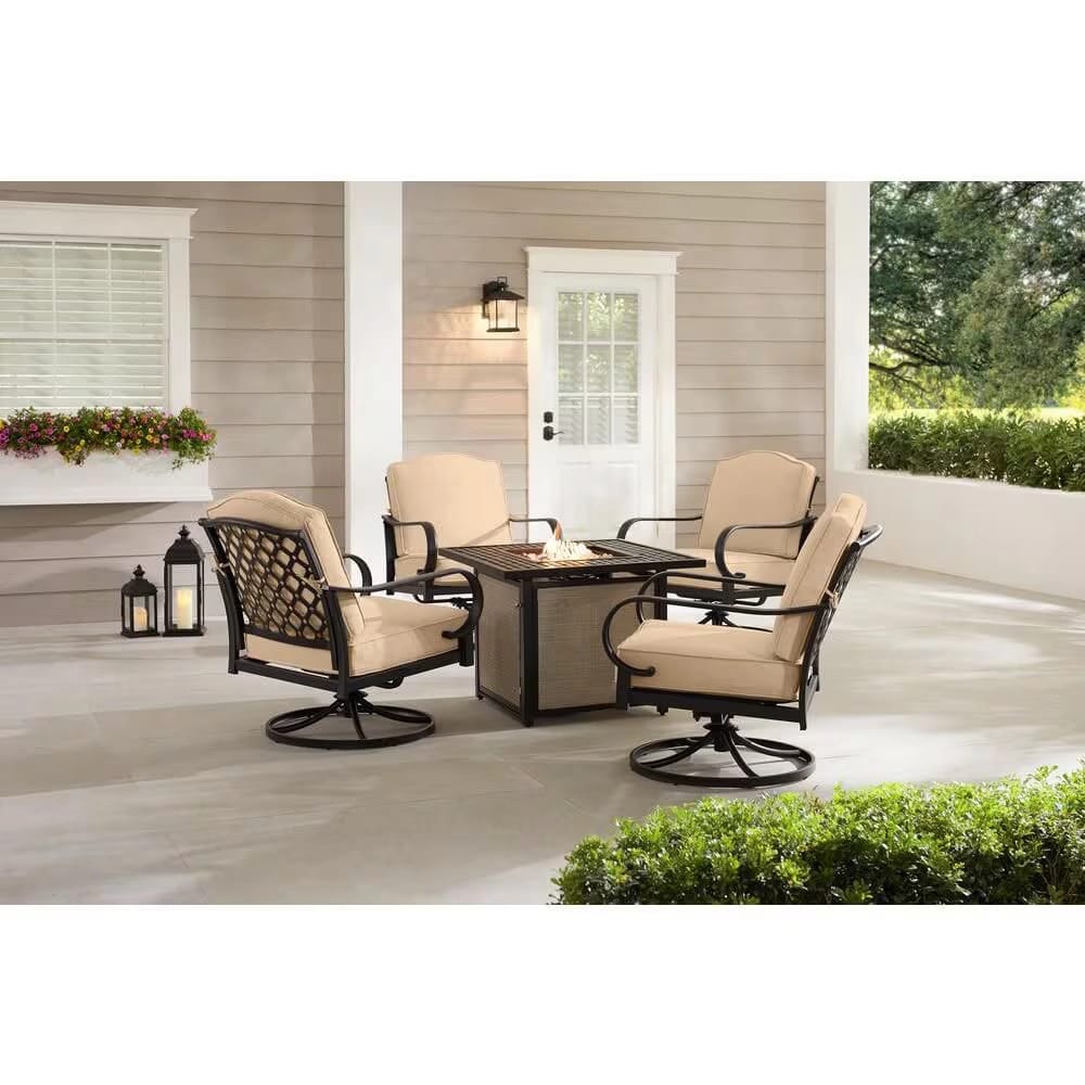 Hampton Bay Laurel Oaks 5-Piece Steel Patio Conversation Seating Set, Black/Beige
