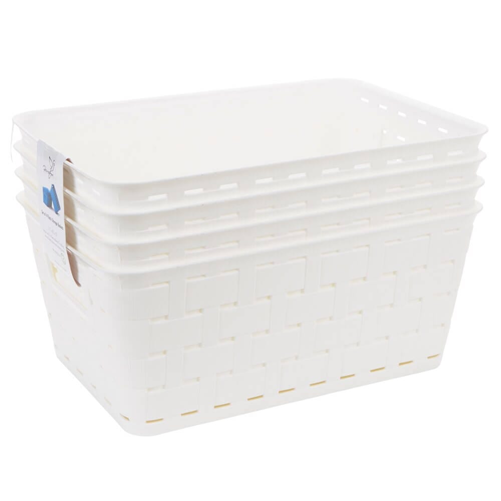Small Plastic White Storage Baskets with Handles, 4-Count
