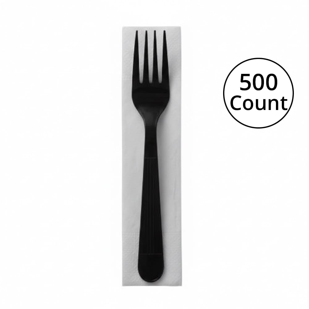 Fineline 6.5" Wrapped Fork with Napkin, Black, 500 Count