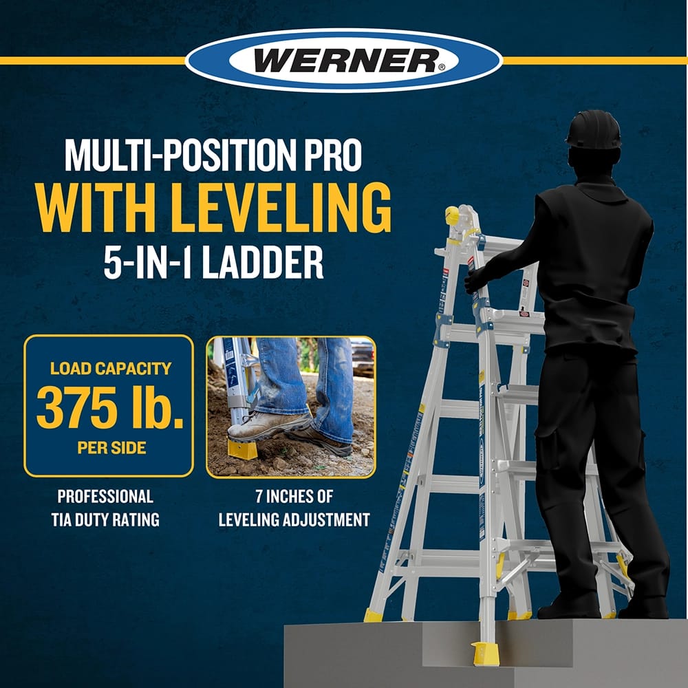Werner 22' Reach Aluminum 5-in-1 Multi Position Pro Ladder with Built-in Leveling