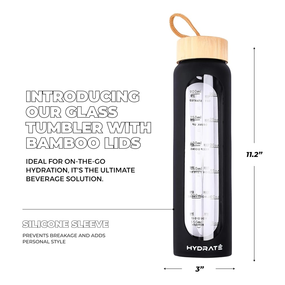 HYDRATE 32 oz Glass Water Bottle, Black