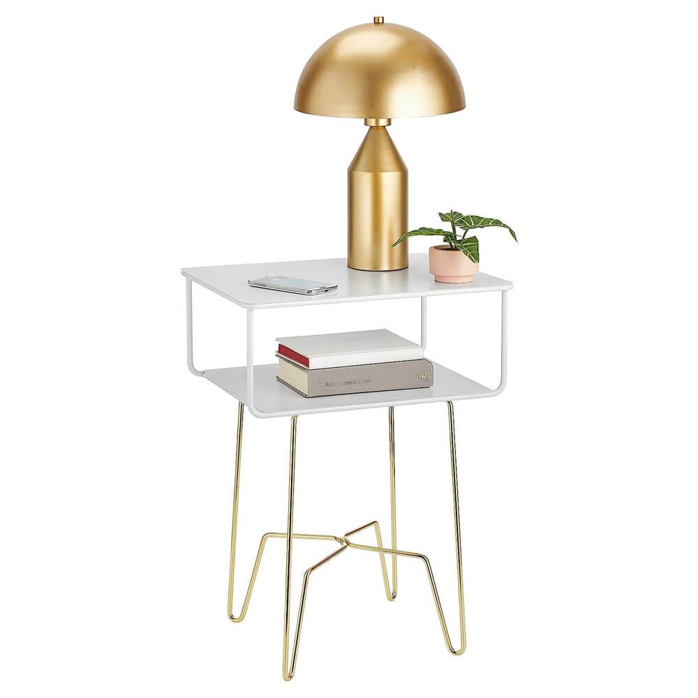 mDesign Modern Industrial Side Table with Storage Shelf, Matte White/Soft Brass