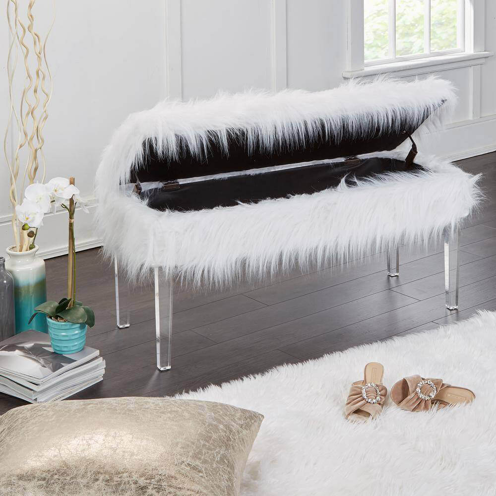 Vanessa Faux Fur Storage Bench, White