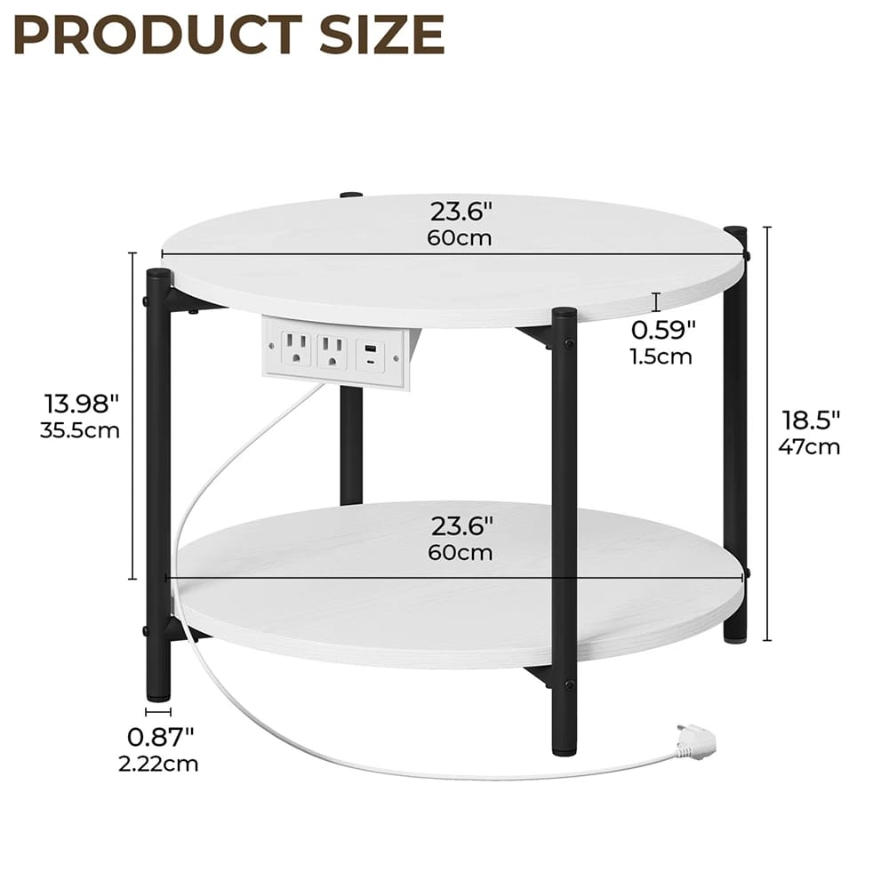 LIKIMIO 23.6" Double-Tiered Round End Tables with Charging Station, White