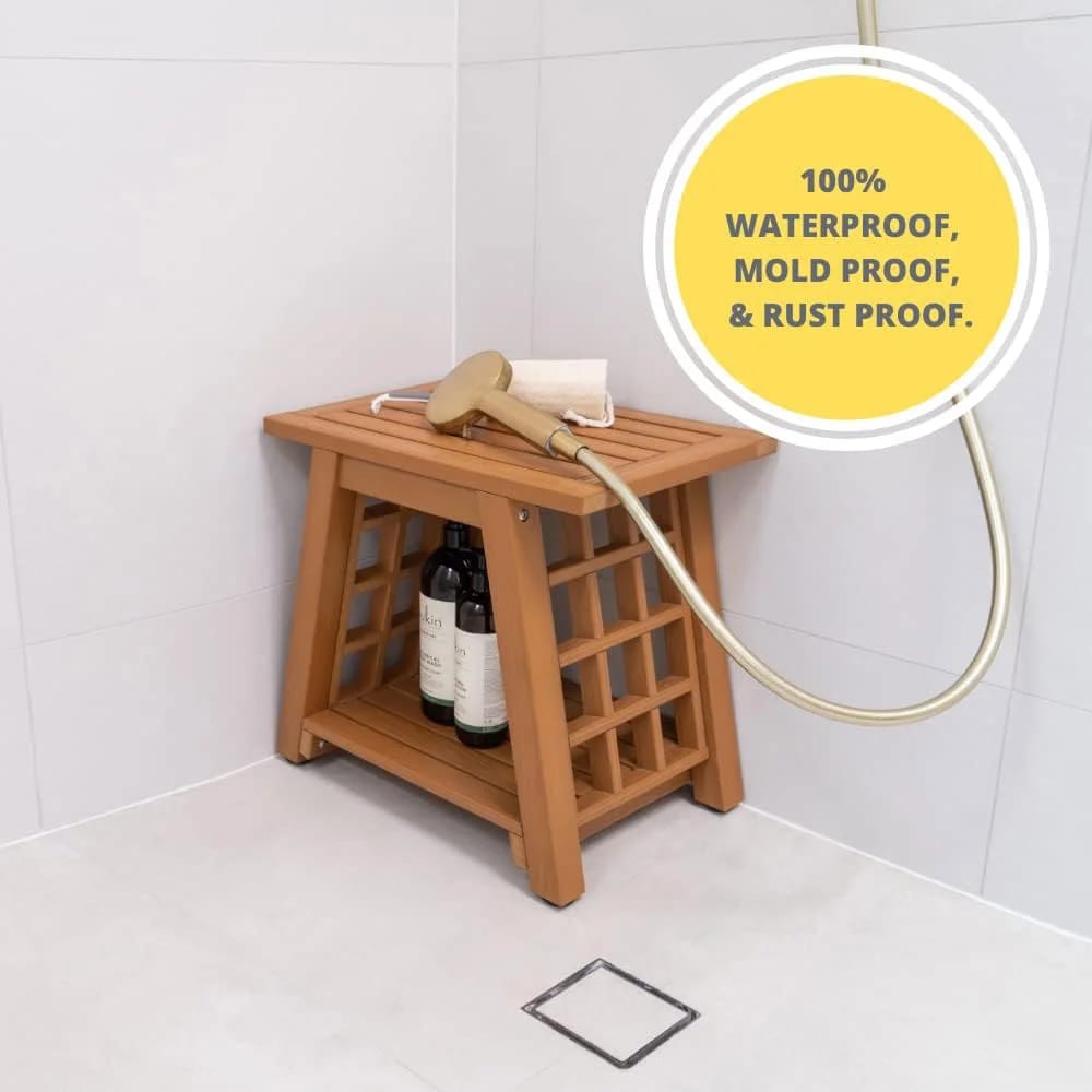 ROHKEX Waterpoof Shower Bench with Storage Shelf, Tan