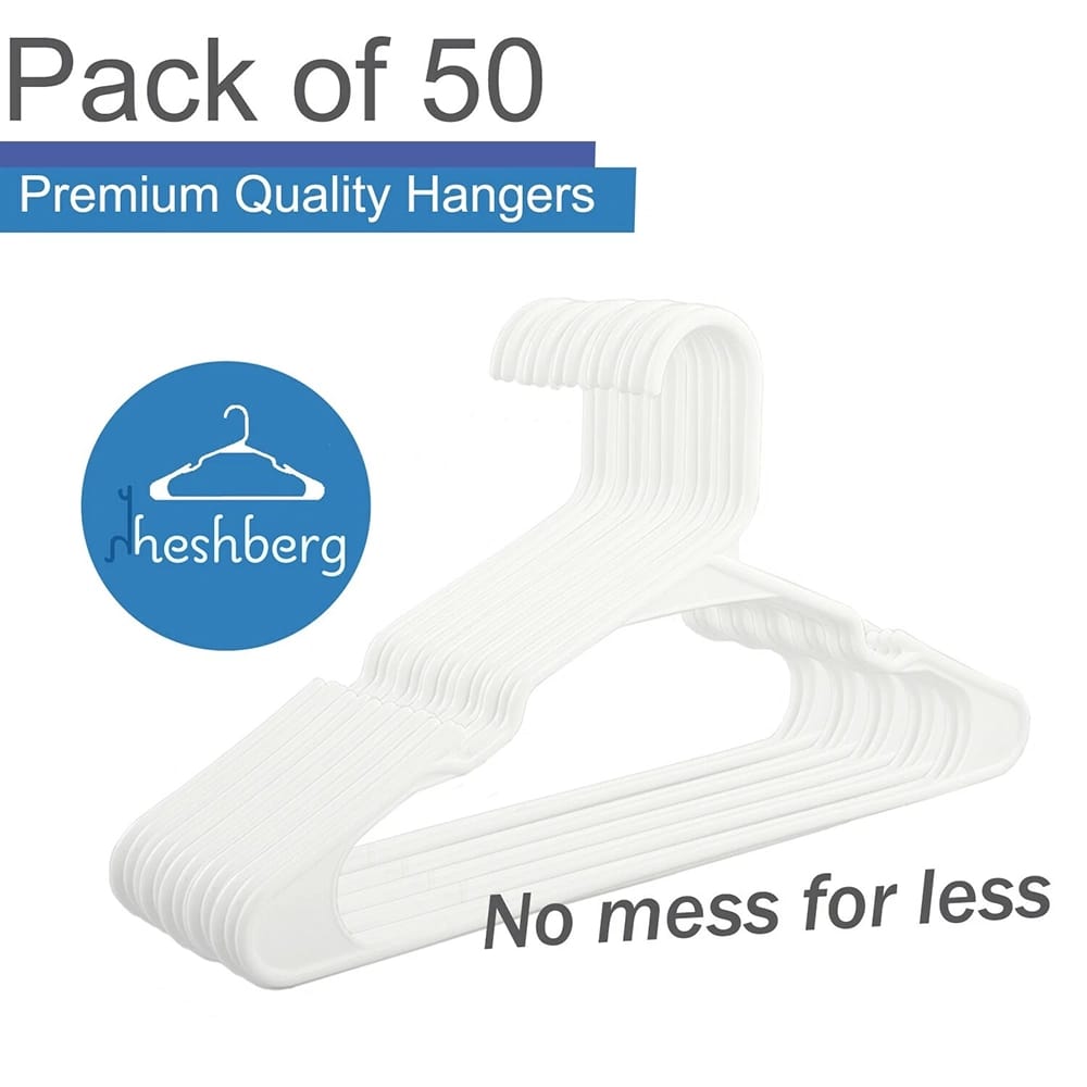 Heshberg Notched Plastic Hangers, White, 50 Pack