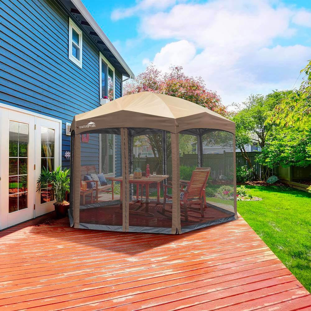 Hexagonal Pop-Up Gazebo with Mosquito Netting, Dark Brown