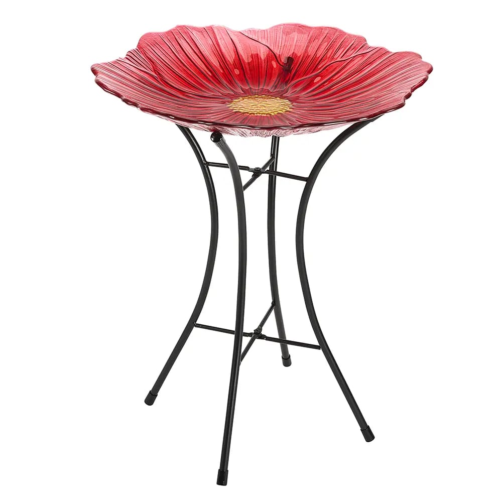 Glass Flower Bird Bath, Red, 16"