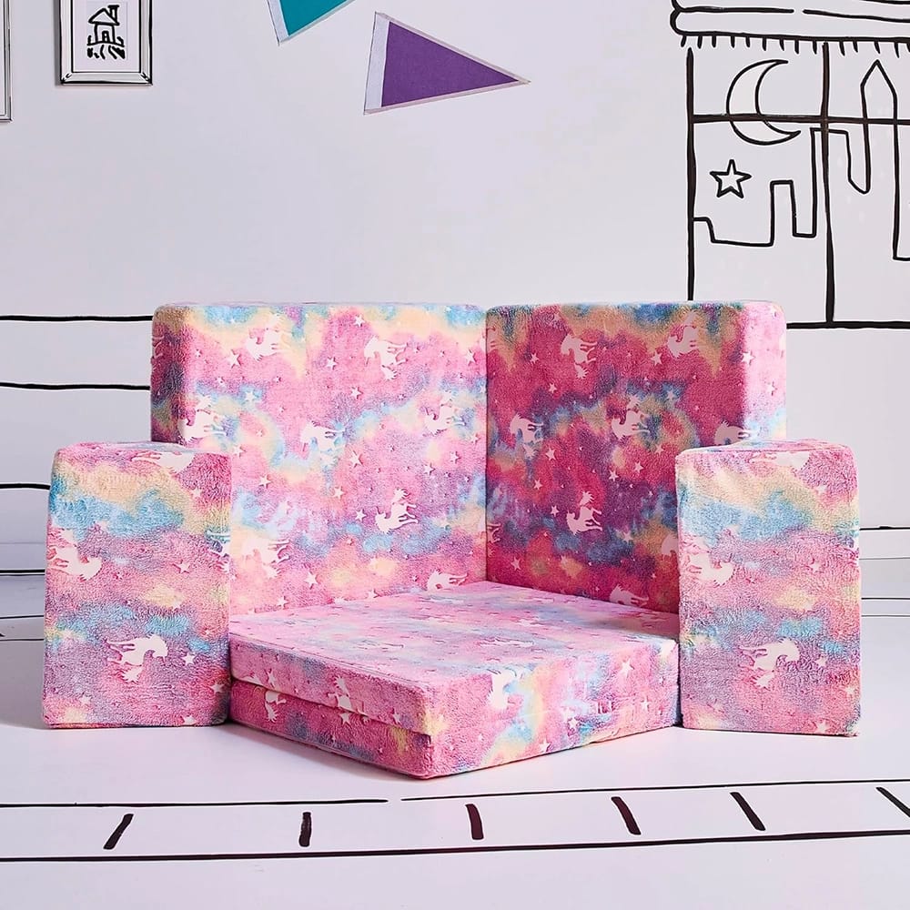 Yourigami Folding Glow-in-the-Dark Convertible Play Couch, Unicorns