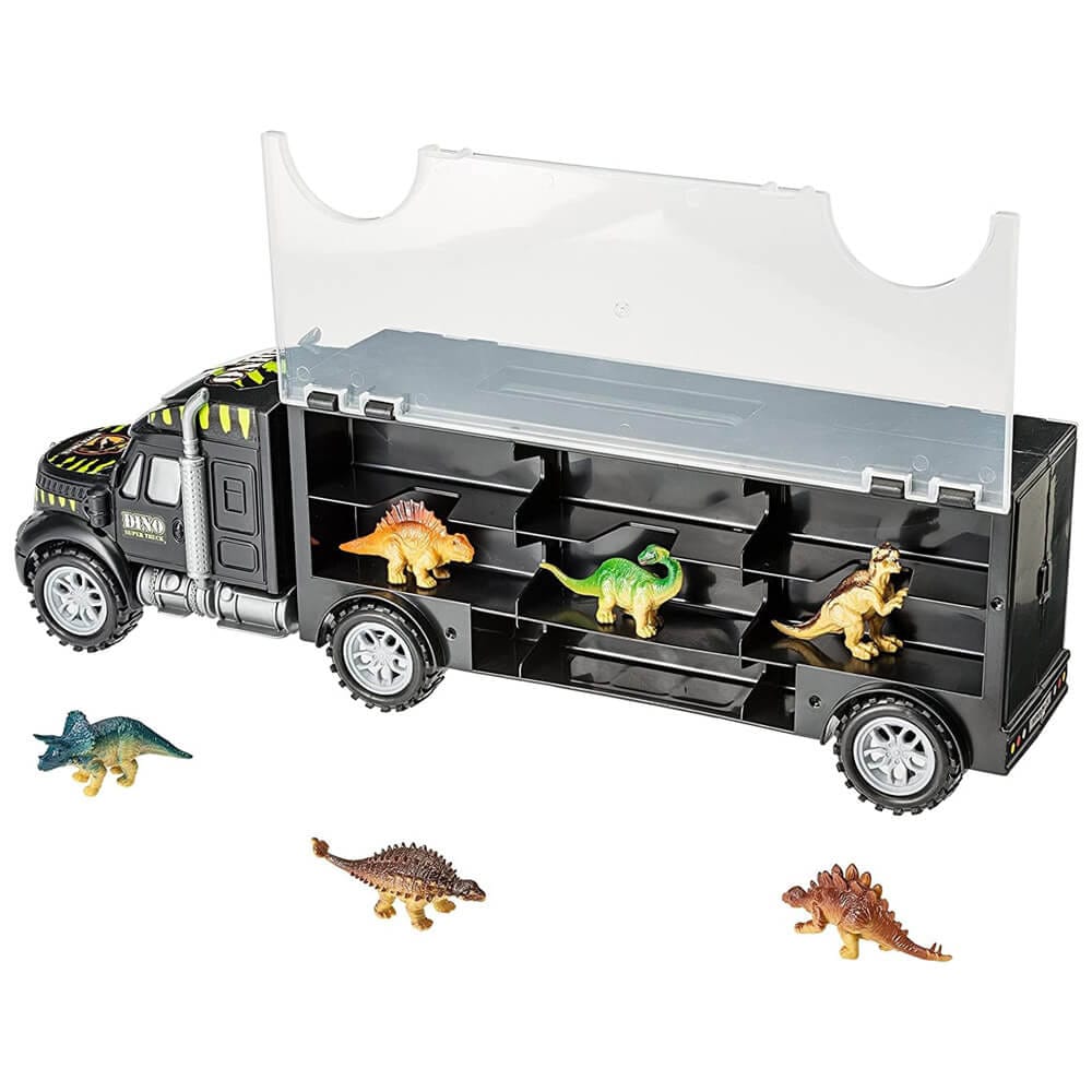 Prextex 16" Dinosaur Truck Carrier Playset with Mini Plastic Dinosaurs, 7 Piece