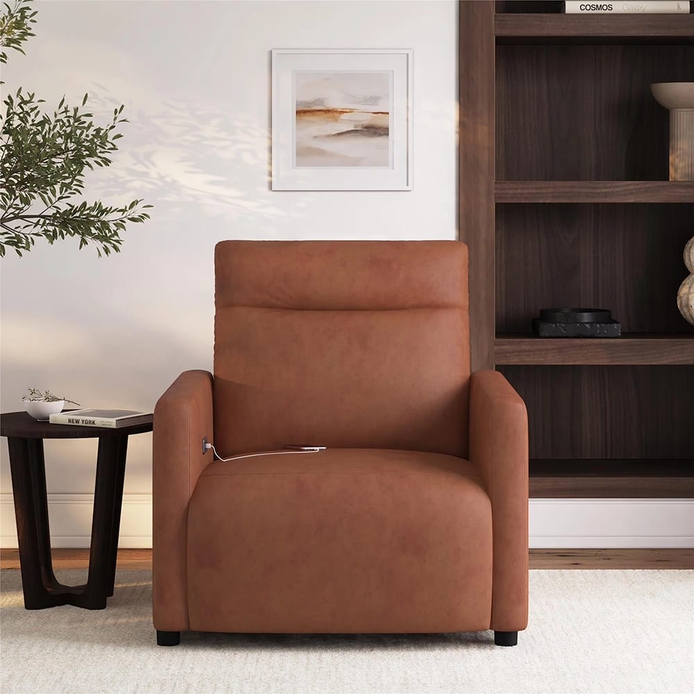 Upholstered Power Recliner Chair, Light Brown Faux Leather