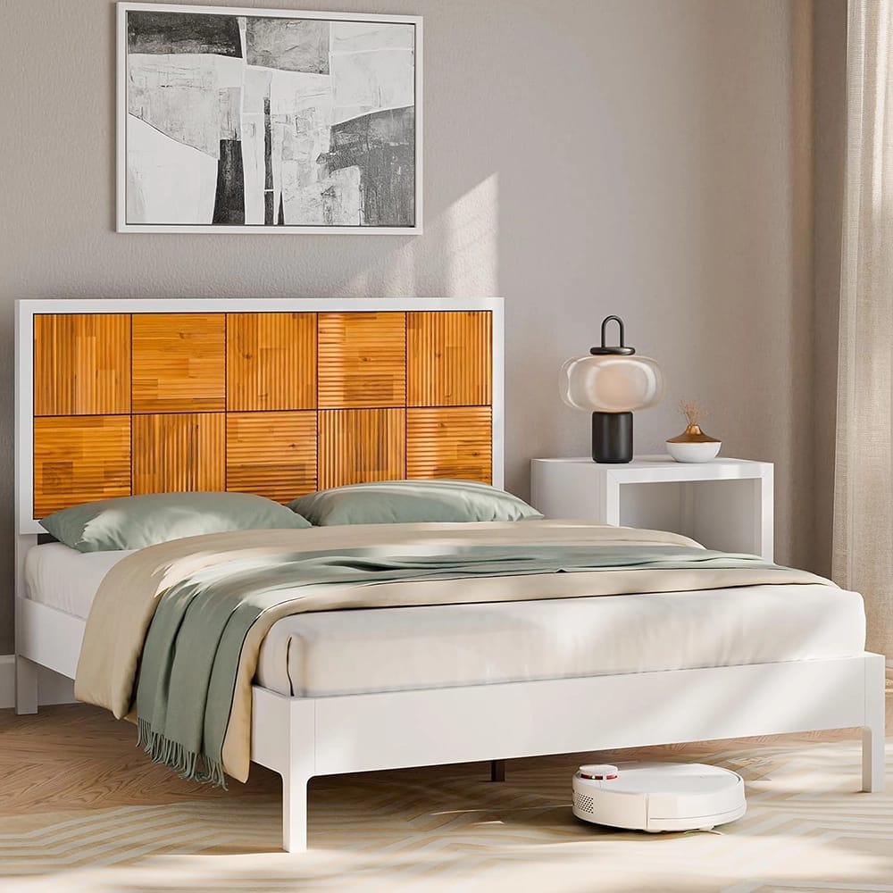 Mid-Century Acacia Wood Bed Frame and Headboard, Queen, White