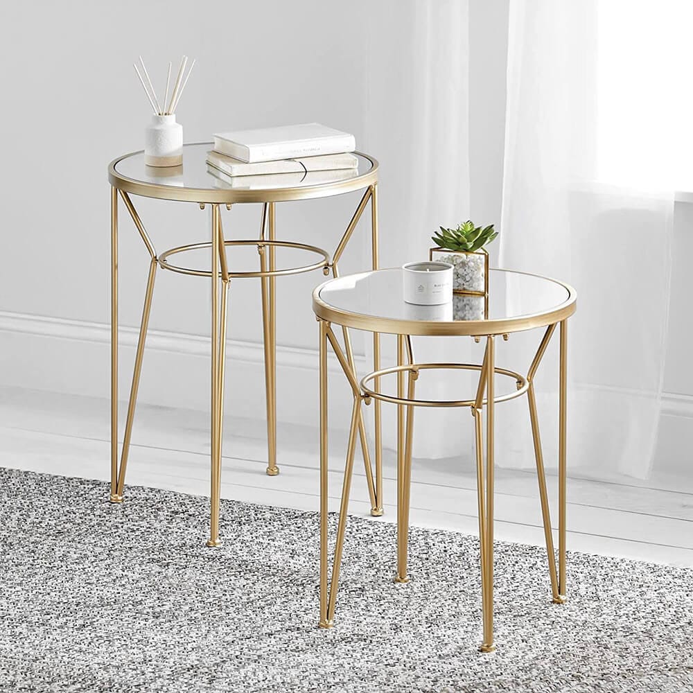 mDesign Round Metal Accent Table with Hairpin Legs, Set of 2, Soft Brass/Mirror