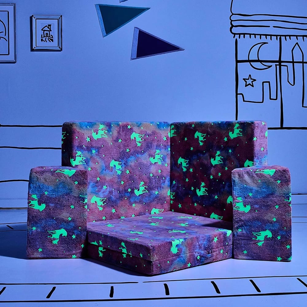 Yourigami Folding Glow-in-the-Dark Convertible Play Couch, Unicorns