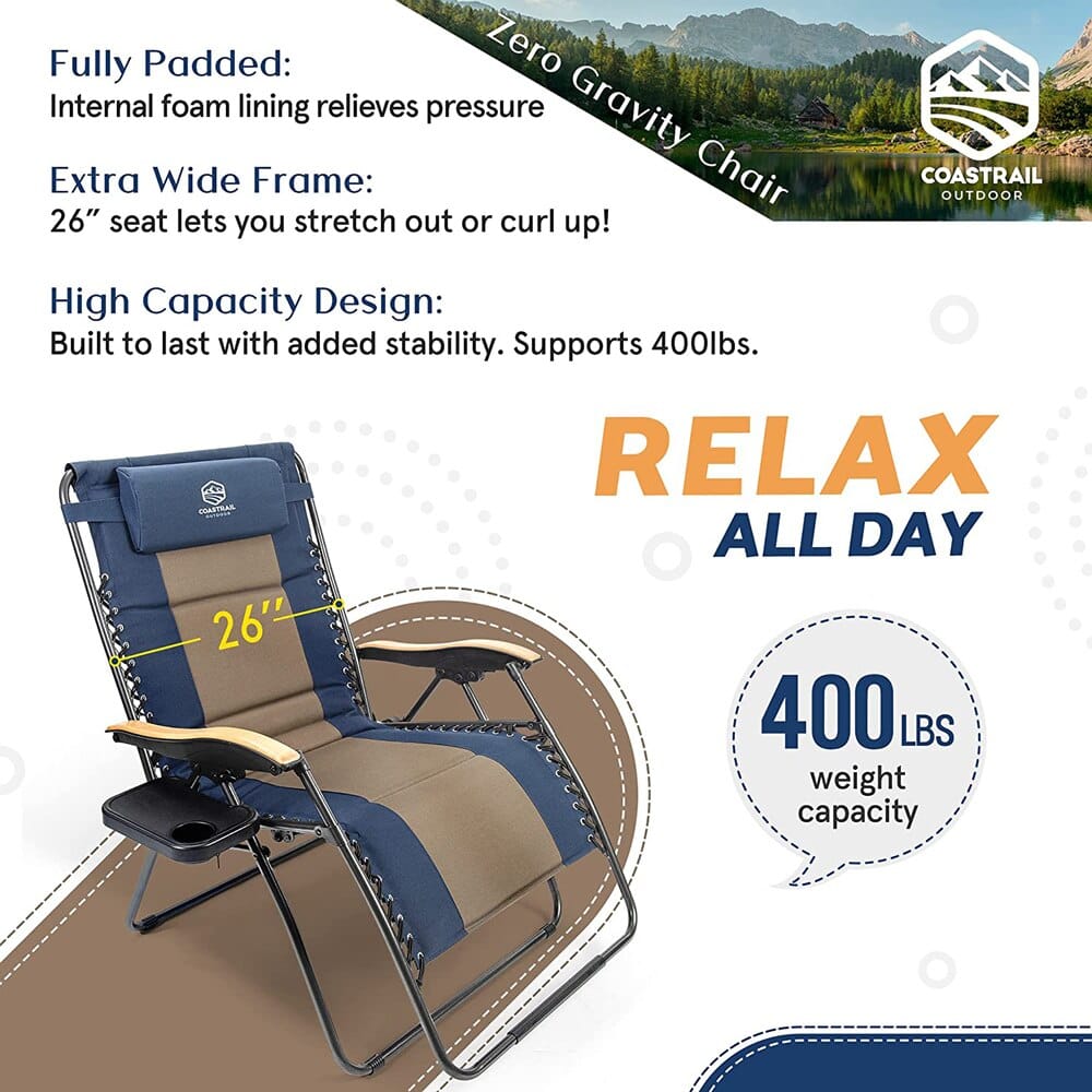 Coastrail Outdoor Zero Gravity Chair with Premium Wood-Like Armrests & Side Table with Cup Holder, Navy/Brown