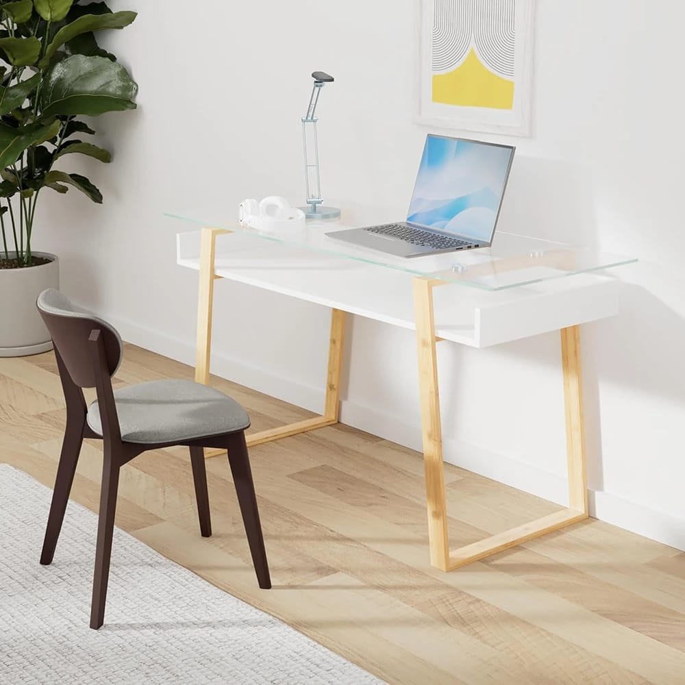 bonVIVO 55" Modern Computer Desk with Glass Top, White